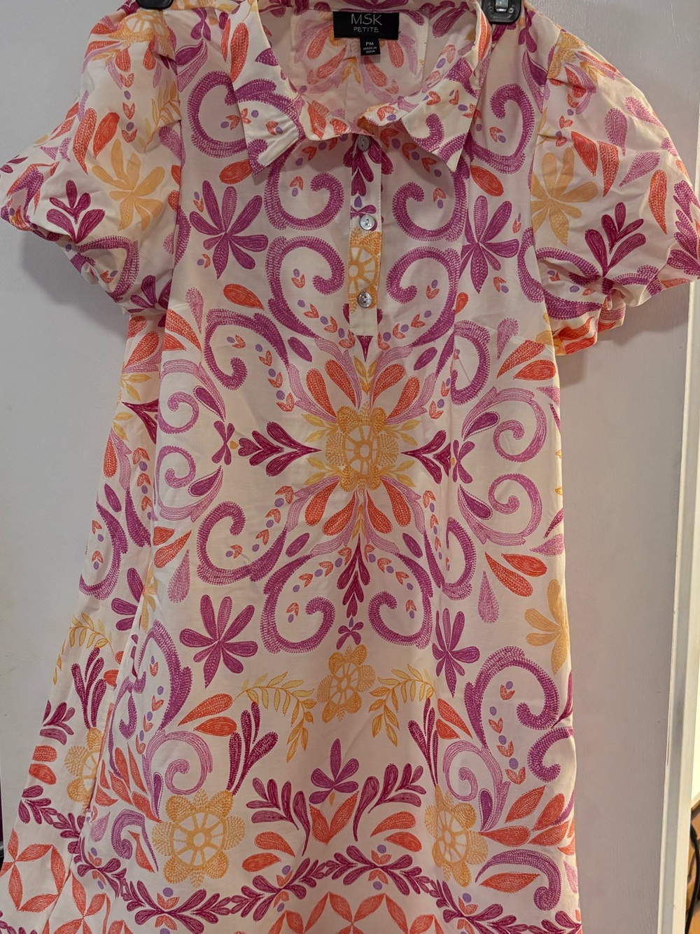 MSK Petite Floral Shirt Dress with Pockets | Size PM | Pink Orange Yellow
